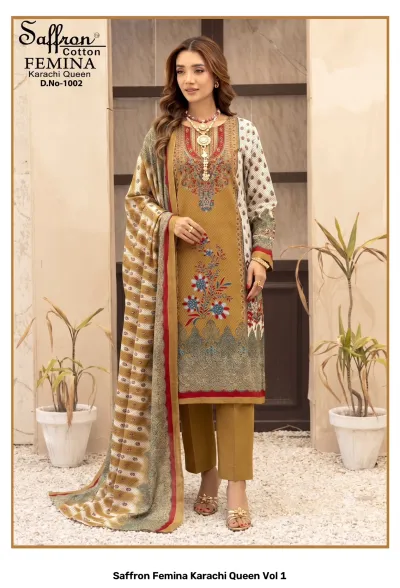 Saffron Femina Karachi Queen Vol 1 — Karachi Cotton Dress Material, Saffron Cotton wholesale from Surat — view 3