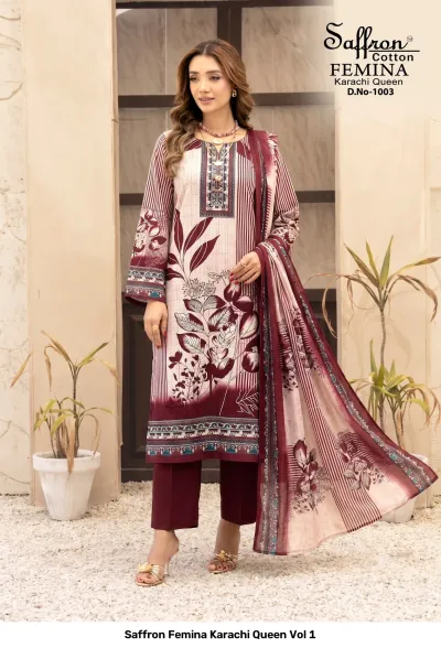 Saffron Femina Karachi Queen Vol 1 — Karachi Cotton Dress Material, Saffron Cotton wholesale from Surat — view 4