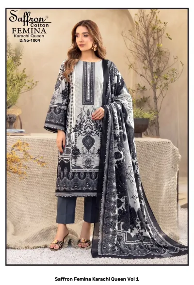 Saffron Femina Karachi Queen Vol 1 — Karachi Cotton Dress Material, Saffron Cotton wholesale from Surat — view 5