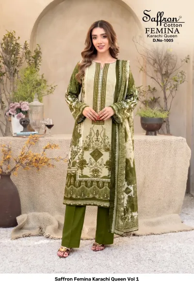 Saffron Femina Karachi Queen Vol 1 — Karachi Cotton Dress Material, Saffron Cotton wholesale from Surat — view 6