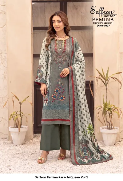 Saffron Femina Karachi Queen Vol 1 — Karachi Cotton Dress Material, Saffron Cotton wholesale from Surat — view 8