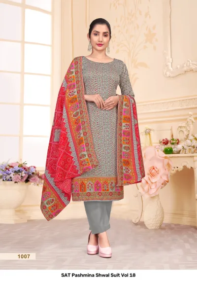 SAT Pashmina Shwal Suit Vol 18: Grey salwar suit with a fine geometric pattern and a bright red and orange multi-colored printed pashmina dupatta.