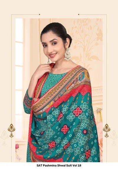 SAT Pashmina Shwal Suit Vol 18: Teal green salwar suit with white geometric bandhani print and a matching vibrant, multi-colored printed pashmina dupatta.