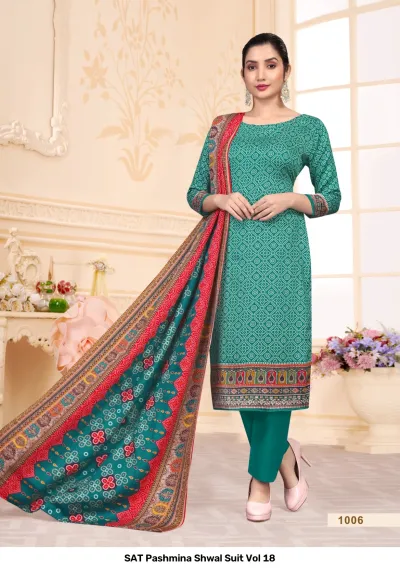 SAT Pashmina Shwal Suit Vol 18: Green salwar suit featuring white geometric bandhani print and a long, colorful printed pashmina dupatta.