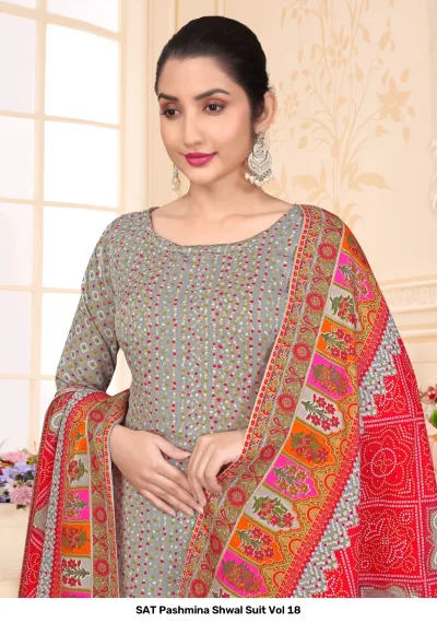 SAT Pashmina Shwal Suit Vol 18: Close-up of a grey salwar suit with intricate patterns and a bright red and orange printed pashmina dupatta.