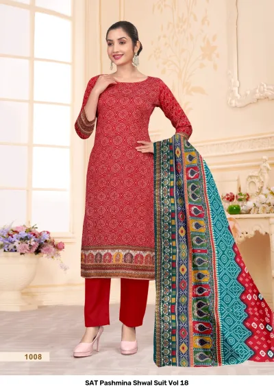 SAT Pashmina Shwal Suit Vol 18: Red salwar suit with an all-over white geometric bandhani print and a multi-colored, patterned pashmina dupatta.