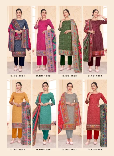 SAT Pashmina Shwal Suit Vol 18: Catalog collage showing eight different models wearing various colorways of bandhani printed salwar suits with pashmina dupattas.