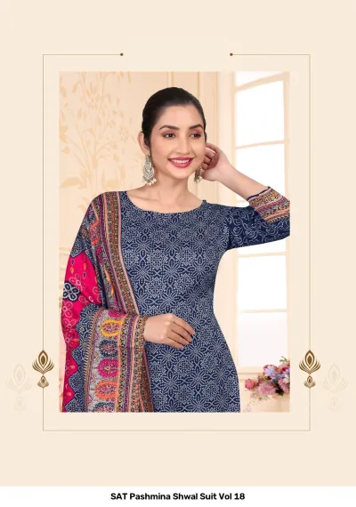 SAT Pashmina Shwal Suit Vol 18: Navy blue salwar suit featuring a repeating geometric pattern and a vibrant, multi-colored printed pashmina dupatta.