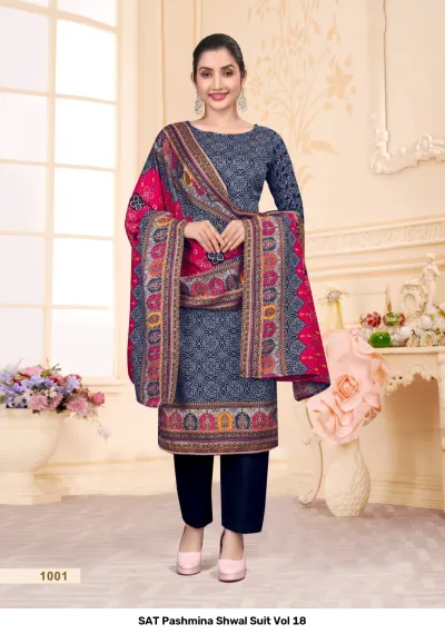 SAT Pashmina Shwal Suit Vol 18: Navy blue salwar suit with geometric bandhani print and a dark-pink multi-colored printed pashmina dupatta.