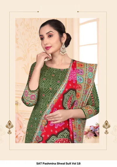 SAT Pashmina Shwal Suit Vol 18: Forest green salwar suit with intricate geometric bandhani print and a bright red, multi-colored printed pashmina dupatta.