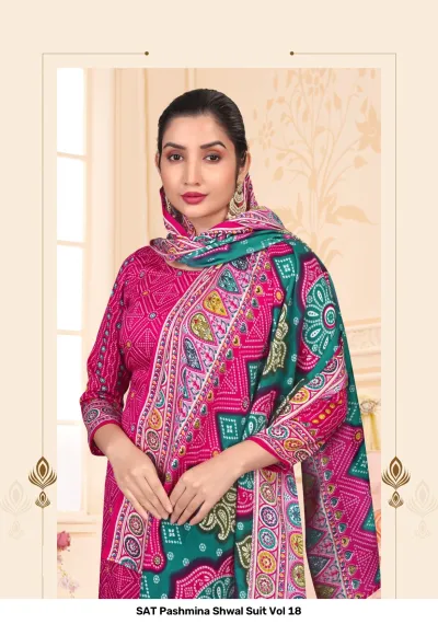 SAT Pashmina Shwal Suit Vol 18: Close-up of a pink salwar suit with detailed bandhani patterns and a dual-tone printed pashmina dupatta.