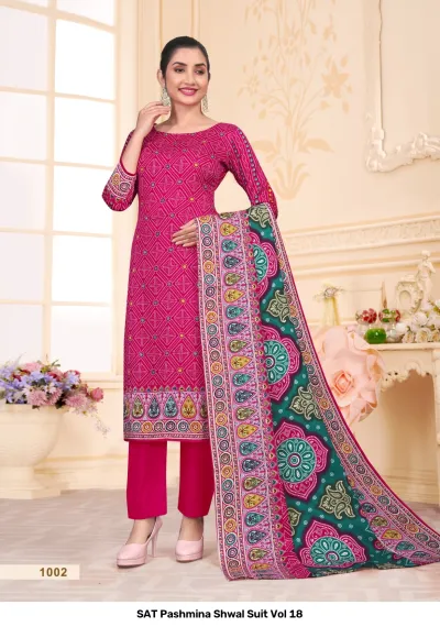 SAT Pashmina Shwal Suit Vol 18: Bright pink salwar suit with a fine geometric bandhani print and a vibrant multi-colored printed dupatta.