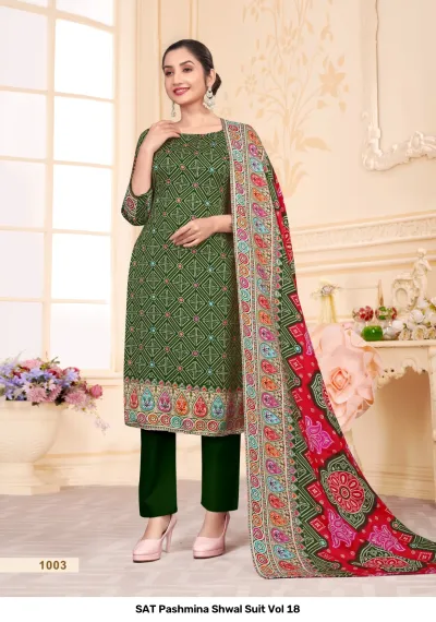 SAT Pashmina Shwal Suit Vol 18: Olive green salwar suit with a repeating white geometric bandhani print and a red multi-colored printed dupatta.