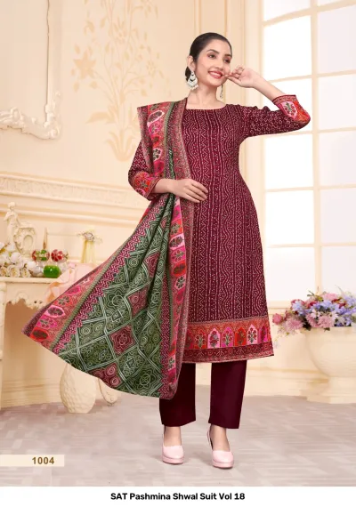 SAT Pashmina Shwal Suit Vol 18: Deep maroon salwar suit featuring white wave and bandhani patterns with a contrasting green and pink printed dupatta.