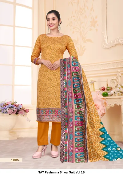 SAT Pashmina Shwal Suit Vol 18: Golden-yellow salwar suit with a dense geometric bandhani print and a multi-colored, vibrant pashmina dupatta.