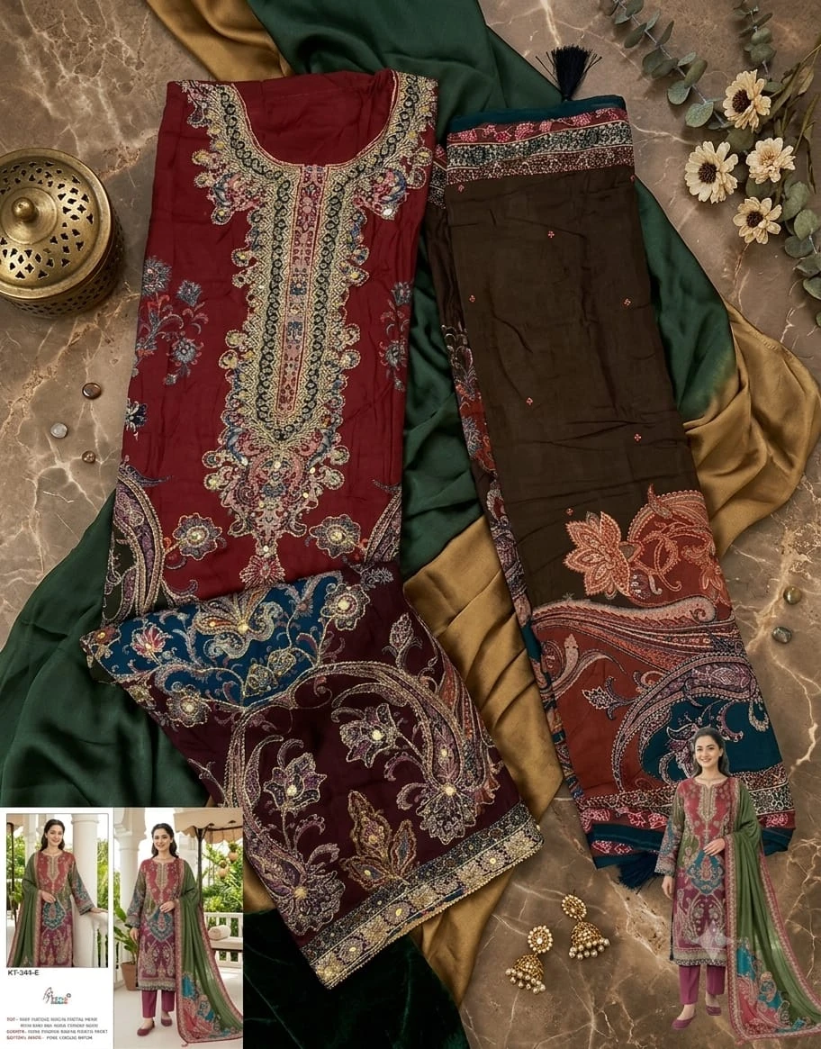 Shree Fabs Kt 344 New Colour: maroon kurti with paisley print, thread work, and mirror-style embellishments, featuring a matching printed dupatta.