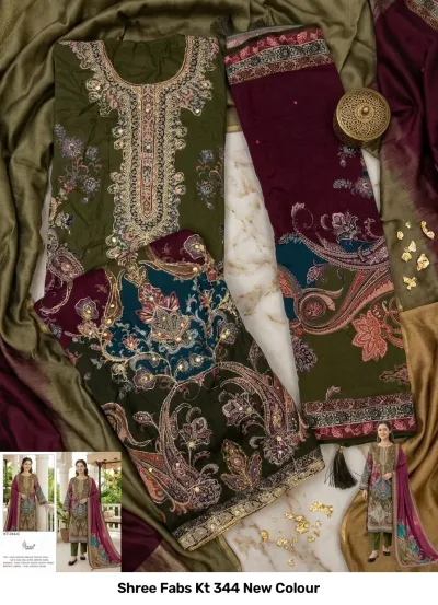 Shree Fabs Kt 344 New Colour: olive green kurti featuring ornate paisley print, detailed thread embroidery, and a dark plum printed dupatta.