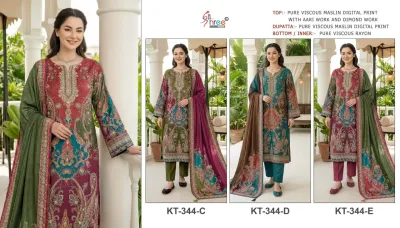 Shree Fabs Kt 344 New Colour: catalog collage displaying three different models wearing printed kurti sets with thread embroidery and digital prints.