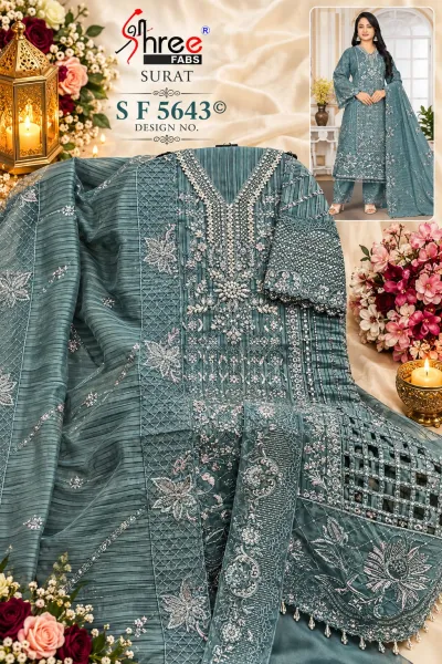 Shree Fabs S F 5643, teal blue organza salwar suit with heavy thread, sequin, and khatli handwork embroidery, including dupatta and trousers.