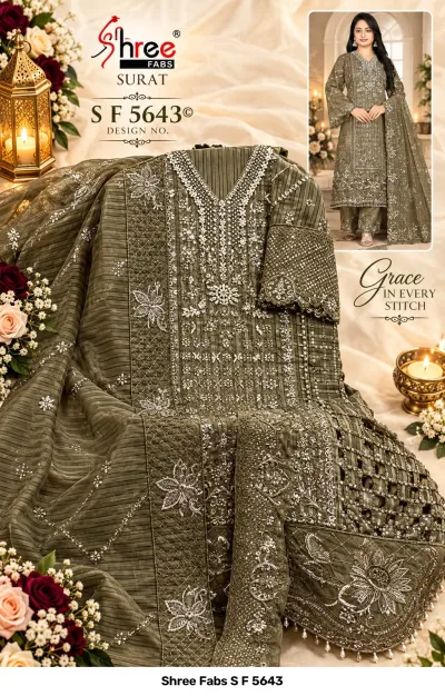 Shree Fabs S F 5643, olive green organza salwar suit featuring heavy sequin embroidery, thread work, and intricate khatli hand embellishments.