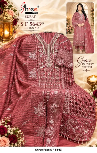 Shree Fabs S F 5643, mauve-pink organza salwar suit with heavy thread work, sequin embroidery, and detailed khatli hand embellishments.