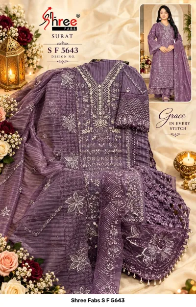 Shree Fabs S F 5643, purple organza salwar suit featuring heavy thread work, sequin embroidery, and intricate khatli hand embellishments.