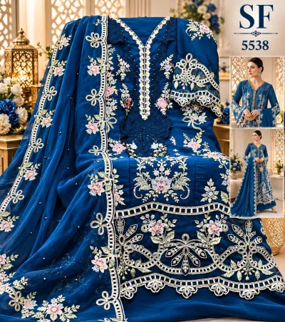 Shree Fabs Sf 5538 New Color blue embroidered Pakistani suit featuring thread work, floral patterns, and a matching dupatta with pearl embellishments.