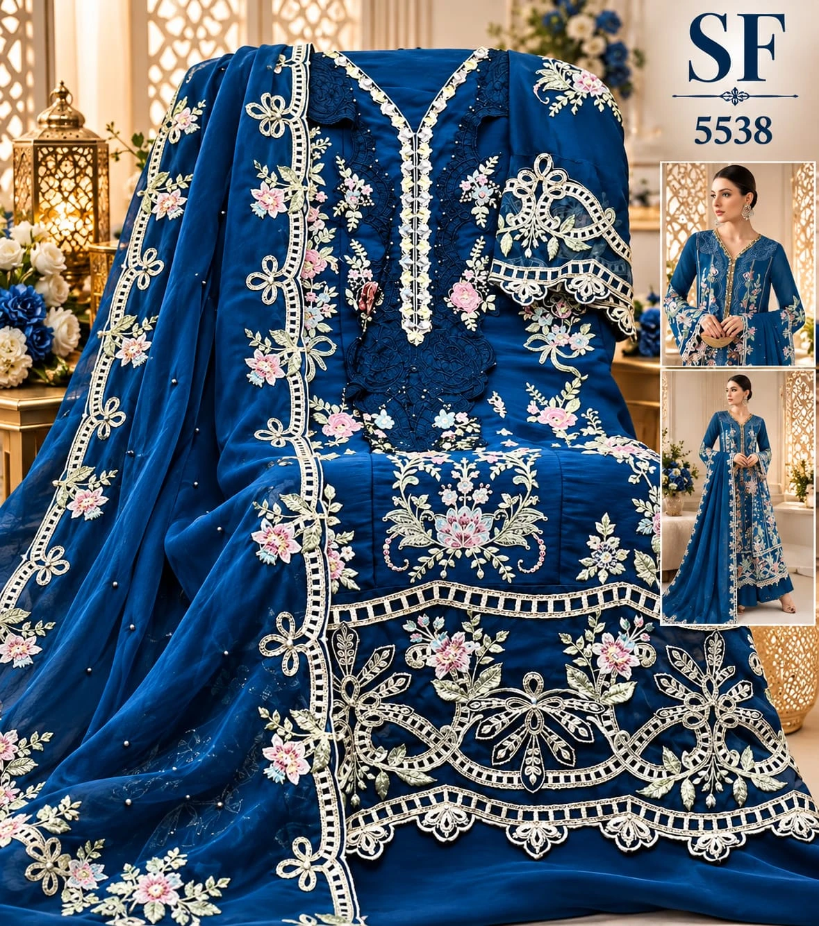 Shree Fabs Sf 5538 New Color blue embroidered Pakistani suit featuring thread work, floral patterns, and a matching dupatta with pearl embellishments.
