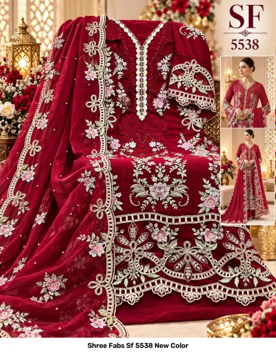 Shree Fabs Sf 5538 New Color red embroidered Pakistani suit featuring thread work, floral patterns, and a matching dupatta with pearl embellishments.