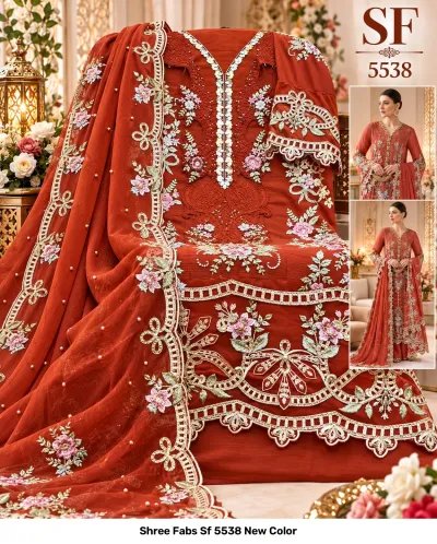 Shree Fabs Sf 5538 New Color rust-orange embroidered Pakistani suit featuring thread work, floral patterns, and a matching dupatta with pearl embellishments.
