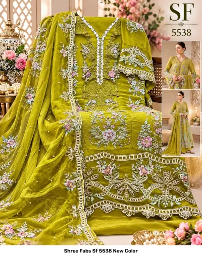 Shree Fabs Sf 5538 New Color olive-green embroidered Pakistani suit featuring thread work, floral patterns, and a matching dupatta with pearl embellishments.