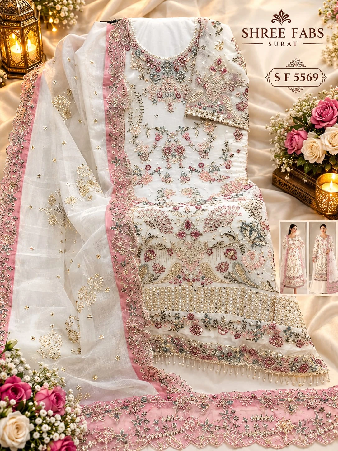 Shree Fabs Sf 5569 New Color: White georgette salwar suit with floral embroidery, zari work, mirror work, and a matching dupatta with embellished borders.