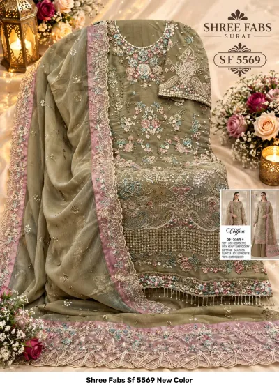 Shree Fabs Sf 5569 New Color: Olive green georgette salwar suit with floral embroidery, zari work, mirror work, and a matching dupatta with scalloped borders.