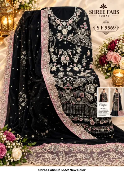 Shree Fabs Sf 5569 New Color: Black georgette salwar suit featuring heavy floral thread embroidery, zari work, mirror accents, and an embellished dupatta.