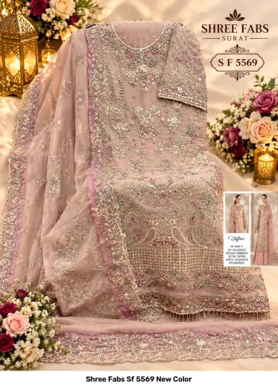 Shree Fabs Sf 5569 New Color: Dusty pink georgette salwar suit with floral thread work, intricate zari embroidery, mirror accents, and a matching dupatta.
