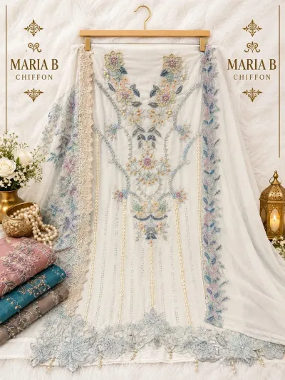 Shree Fabs Sf 5639: White chiffon dress material with pastel floral thread work, embroidery, and pearl embellishments, presented on a hanger.
