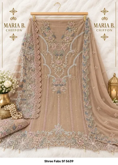 Shree Fabs Sf 5639: Tan chiffon dress material featuring intricate floral embroidery, thread work, and delicate pearl embellishments on a hanger.