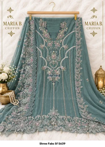 Shree Fabs Sf 5639: Teal chiffon dress material detailed with floral thread work, embroidery, and pearl embellishments displayed on a hanger.