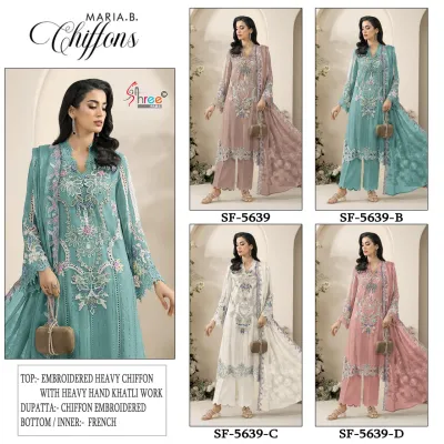 Shree Fabs Sf 5639: Catalog collage showing models wearing chiffon salwar suits in white, tan, teal, and peach with heavy embroidery and khatli work.