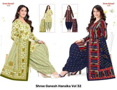Shree Ganesh Hansika Vol 32 catalog collage showing pale yellow and navy patterned salwar suits with matching dupattas.