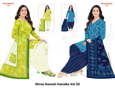 Shree Ganesh Hansika Vol 32 catalog collage showing lime green and bright blue patterned salwar suits with matching dupattas.