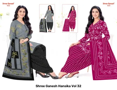 Shree Ganesh Hansika Vol 32 catalog collage showing grey and bright fuchsia floral salwar suits with matching dupattas.