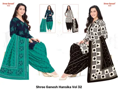 Shree Ganesh Hansika Vol 32 catalog collage showing dark navy and geometric black-and-white salwar suits with matching dupattas.