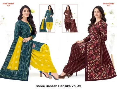 Shree Ganesh Hansika Vol 32 catalog collage showing olive green and dark purple printed salwar suits with matching dupattas.
