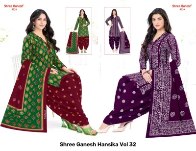 Shree Ganesh Hansika Vol 32 catalog collage showing lime green and deep blue geometric salwar suits with matching dupattas.