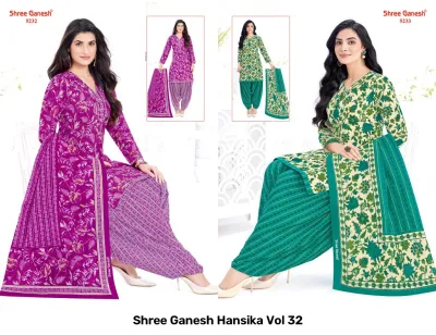 Shree Ganesh Hansika Vol 32 catalog collage showing floral cream and sage green patterned salwar suits with matching dupattas.