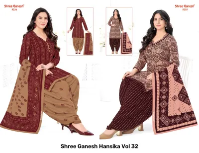 Shree Ganesh Hansika Vol 32 catalog collage showing dark blue and pink patterned salwar suits with matching dupattas.