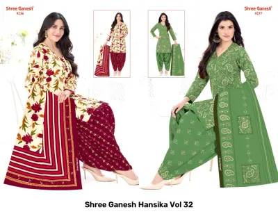 Shree Ganesh Hansika Vol 32 catalog collage showing bright red and dark green floral salwar suits with matching dupattas.