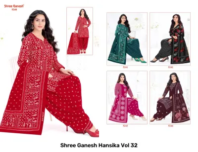 Shree Ganesh Hansika Vol 32 catalog collage showing red and black patterned salwar suits with matching dupattas.
