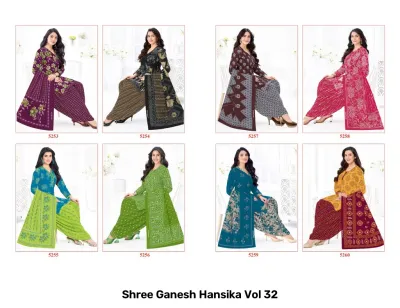 Shree Ganesh Hansika Vol 32 catalog collage showing dark teal and olive green floral salwar suits with matching dupattas.